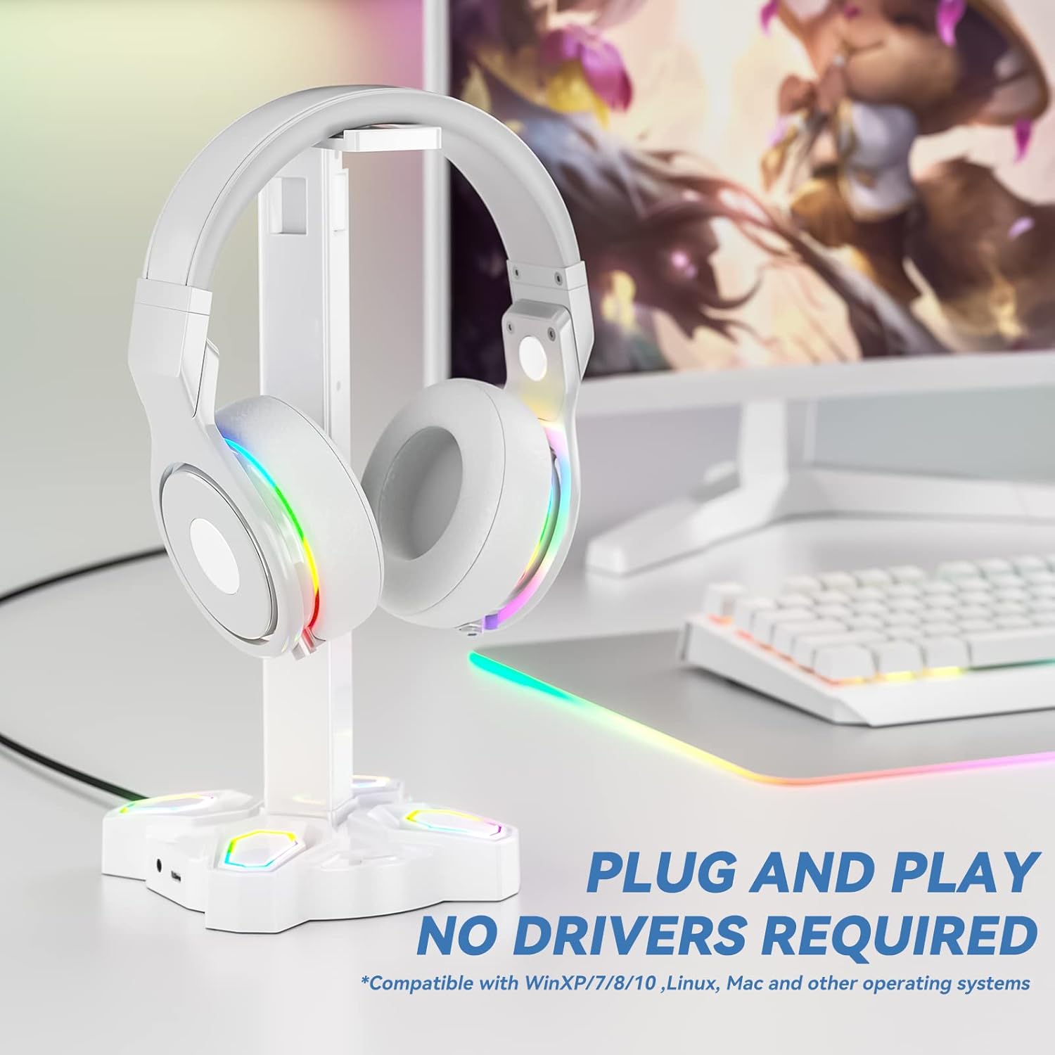 KDD Gaming Headphones Stand, Rotatable Headset Stand with Light Modes - Controller Holder with 2 USB Charging Ports and 3.5mm - Earphone Hanger Accessories for Desktop Gamer(White) - Image 4