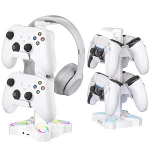 KDD Gaming Headphones Stand, Rotatable Headset Stand with Light Modes – Controller Holder with 2 USB Charging Ports and 3.5mm – Earphone Hanger Accessories for Desktop Gamer(White)