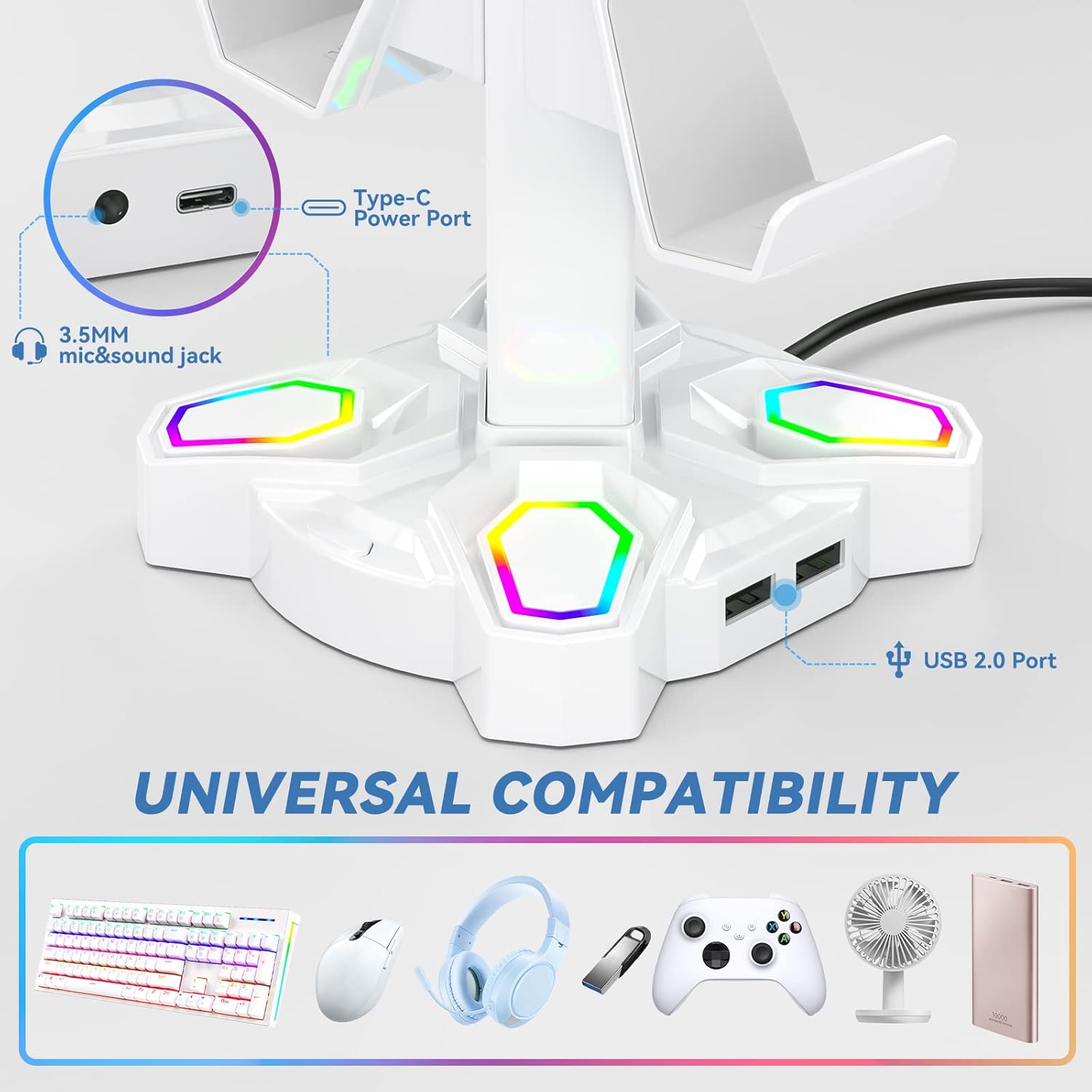 KDD Gaming Headphones Stand, Rotatable Headset Stand with Light Modes - Controller Holder with 2 USB Charging Ports and 3.5mm - Earphone Hanger Accessories for Desktop Gamer(White) - Image 3