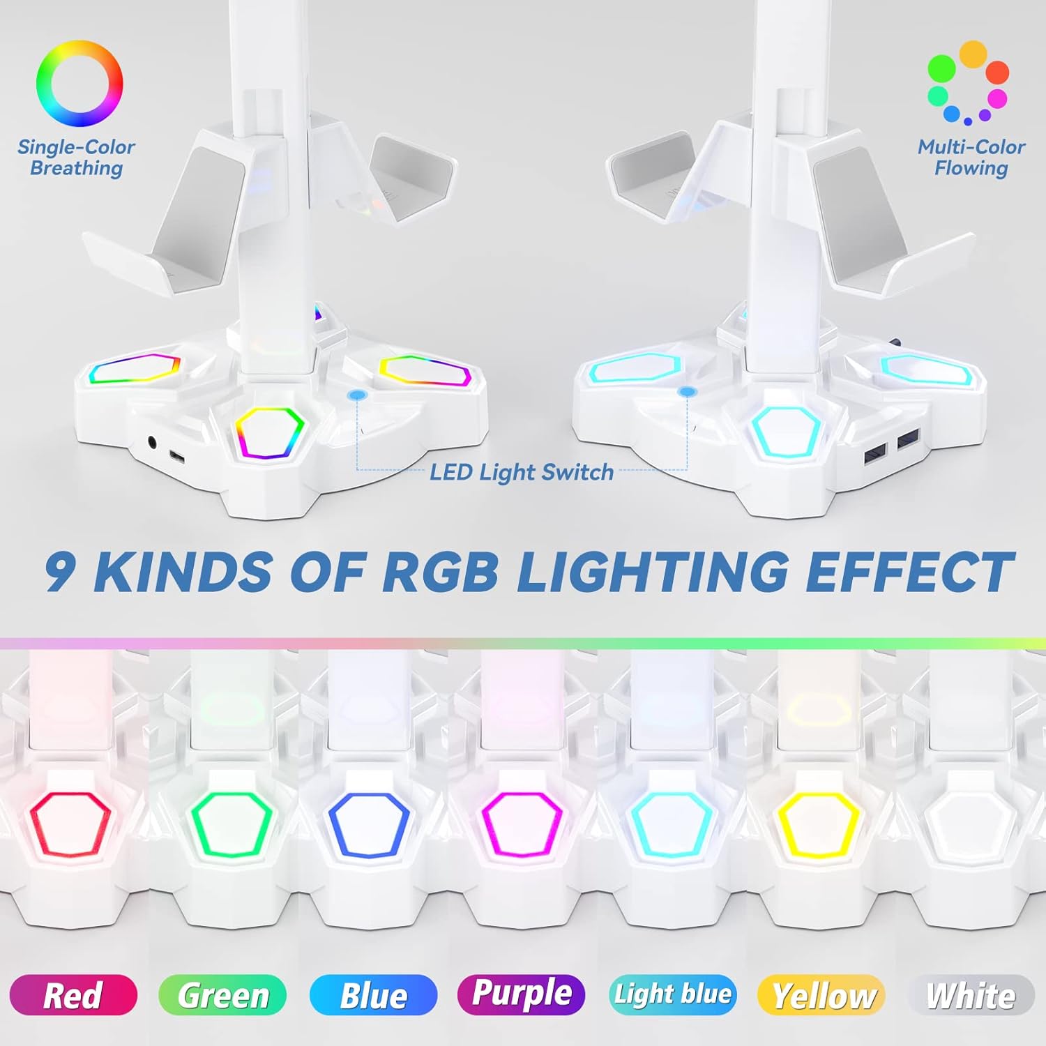KDD Gaming Headphones Stand, Rotatable Headset Stand with Light Modes - Controller Holder with 2 USB Charging Ports and 3.5mm - Earphone Hanger Accessories for Desktop Gamer(White) - Image 2