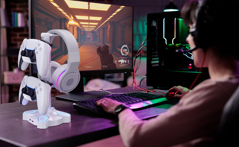 KDD Gaming Headphones Stand, Rotatable Headset Stand with Light Modes - Controller Holder with 2 USB Charging Ports and 3.5mm - Earphone Hanger Accessories for Desktop Gamer(White) - Image 5